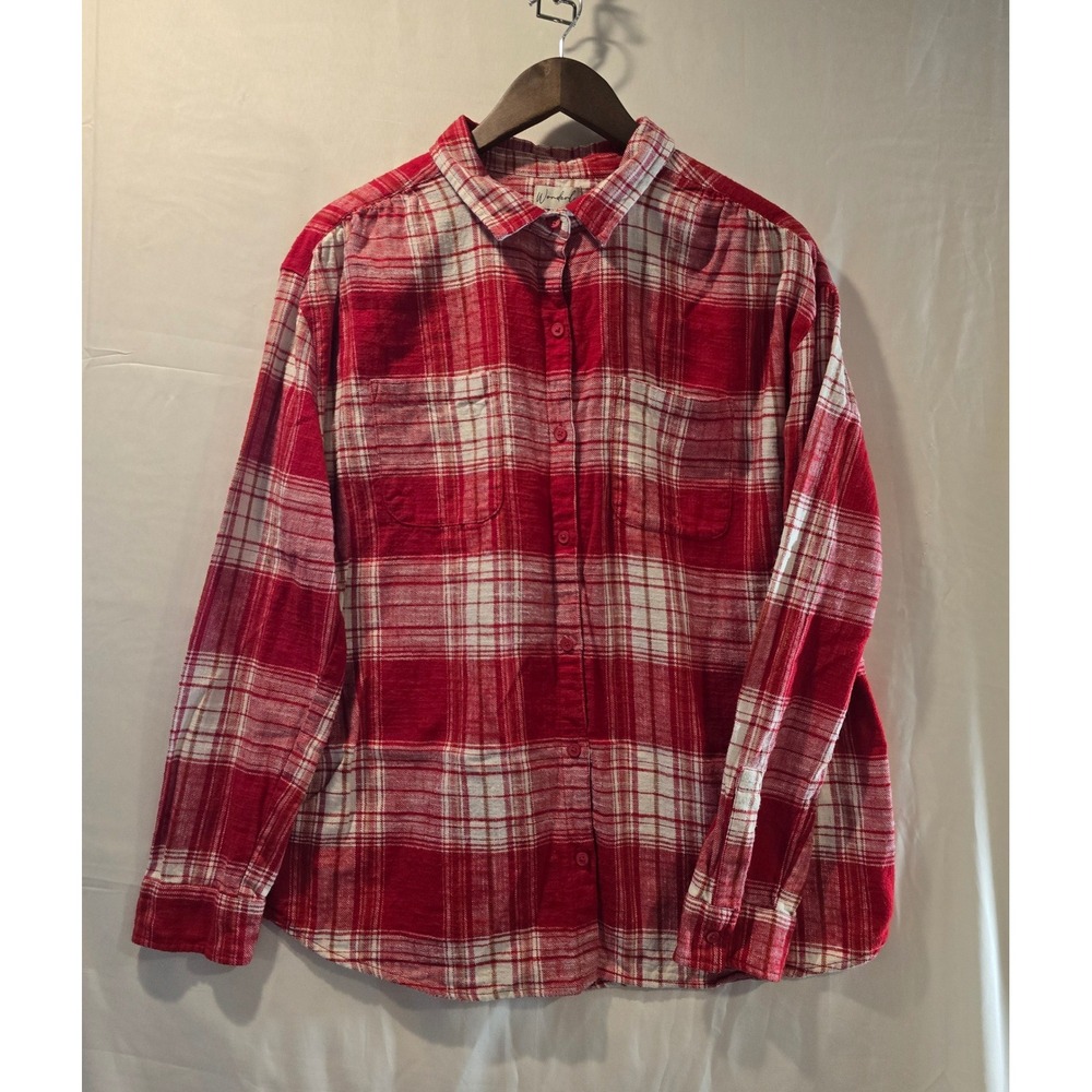 Wonderly Red Plaid‎ Flannel Shirt XL Long Sleeve Button Up Cotton